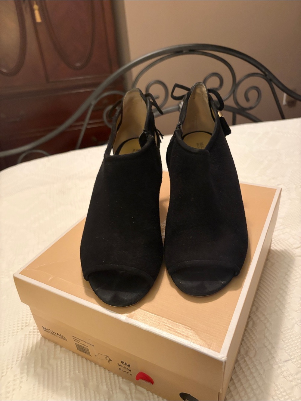 Michael Kors Black Suede Peep-Toe Ankle Booties with Back Tie